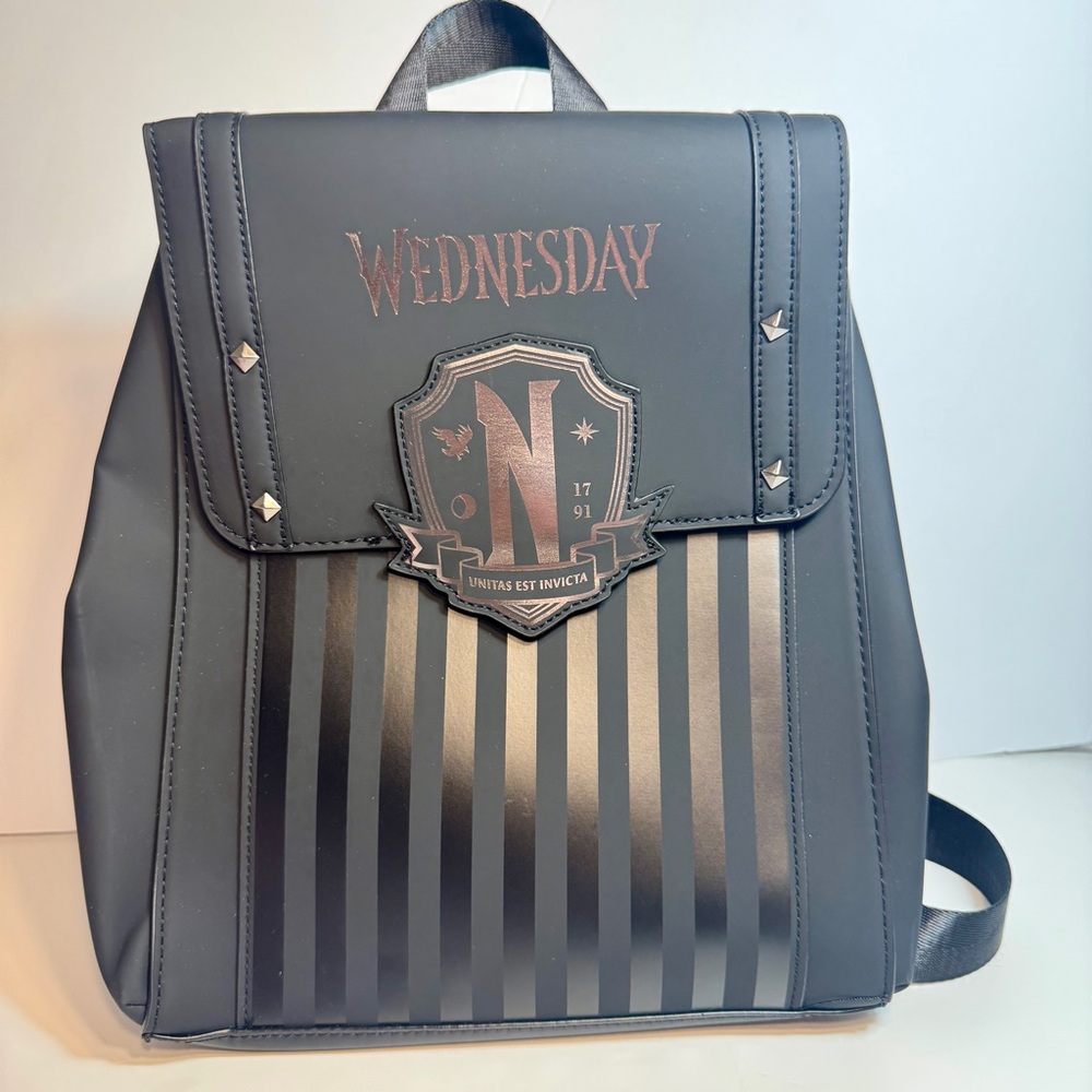 NWT. Wednesday Nevermore Academy backpack. Primark. Black & Gray Striped